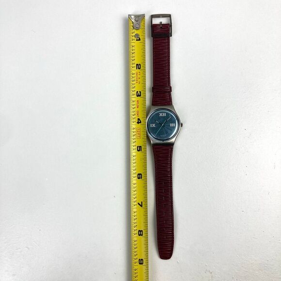 VTG Vintage 1991 SWATCH Gent PLAZA GX121 Unisex Watch Red Leather Band Blue Dial - Picture 6 of 8